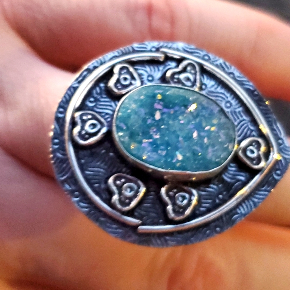 New Titanium Druzy 925 Silver Ring.